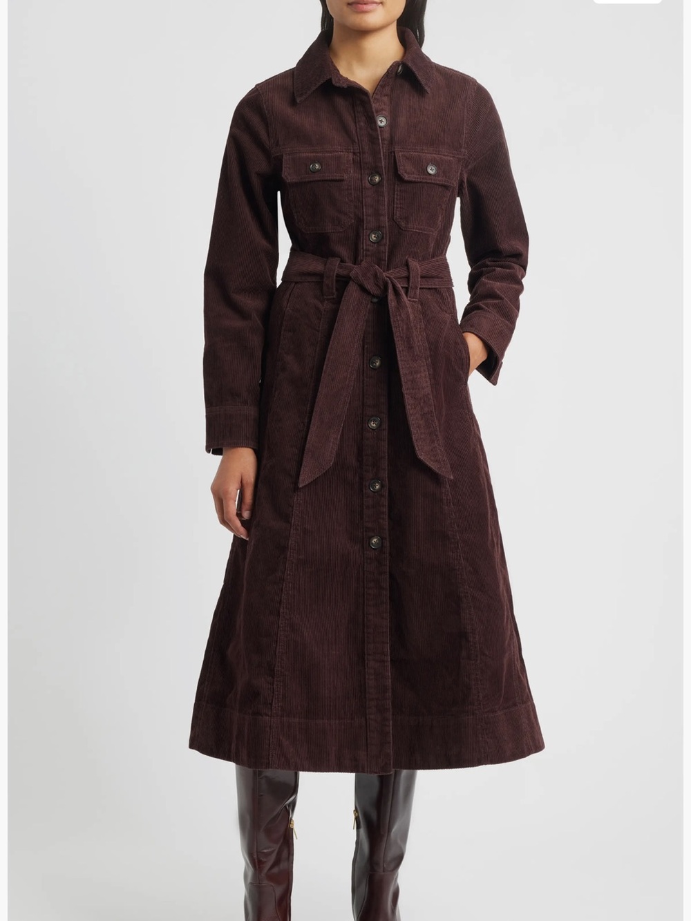 Women's Button-Front Corduroy Midi Dress in Burgundy